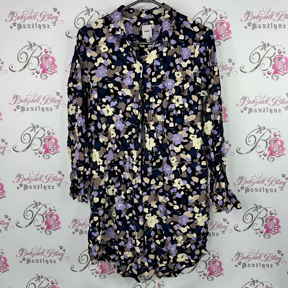ICHI Floral Print long Blouse mini dress purple cream flowers button up